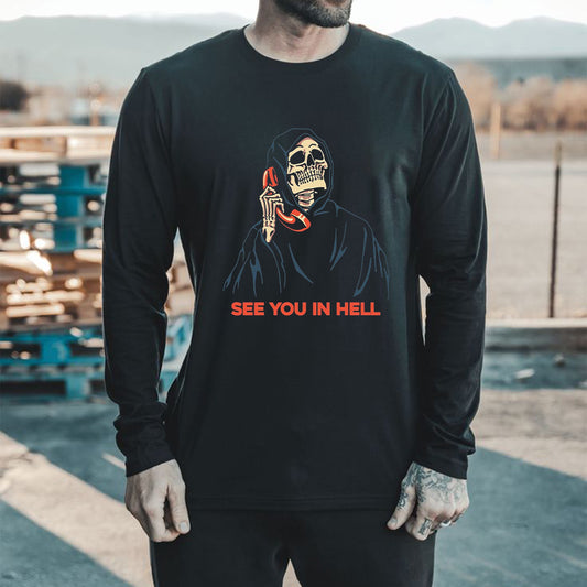 SEE YOU IN HELL Graphic Print Long Sleeve Men's T-Shirt-B