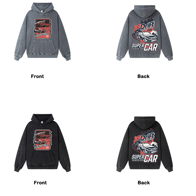 Heavyweight Stonewashed Distressed Hoodie with Car Print