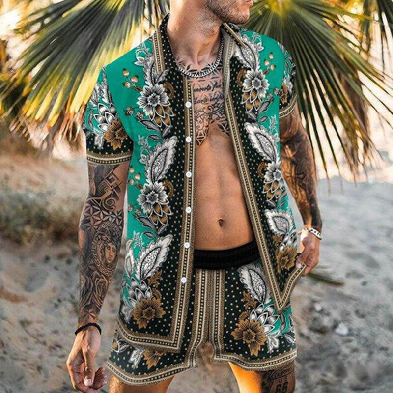 Green Floral Print Two Pieces Suit