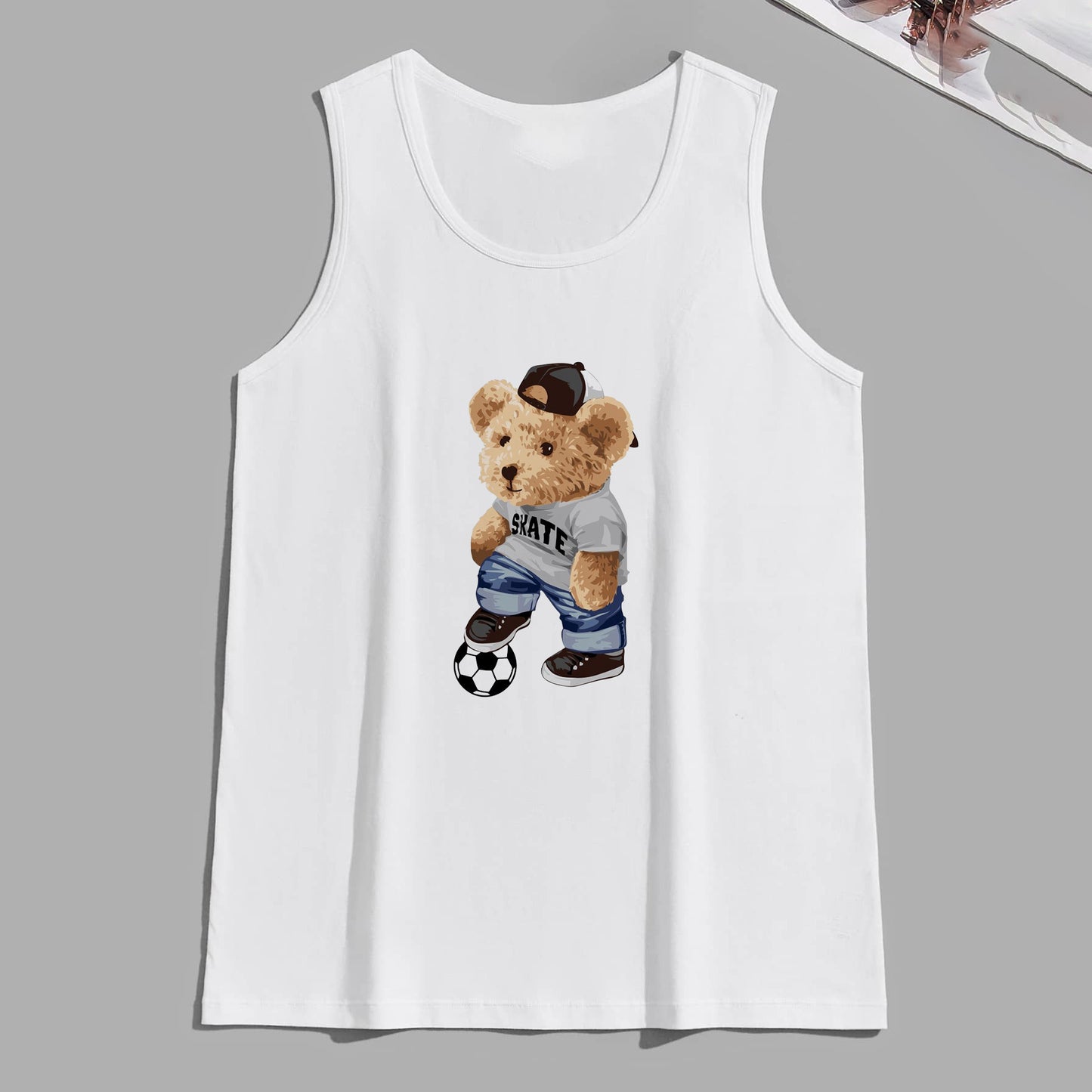 Teddy Bear Playing Soccer Printed Tank Top
