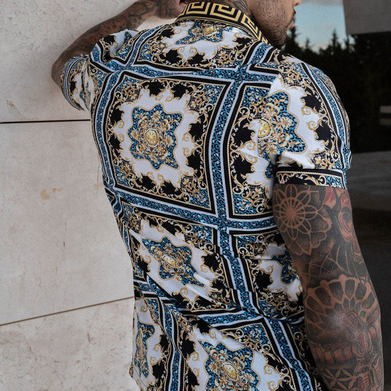 Men Tribal Print Collared Short SleevesTwo Piece Set