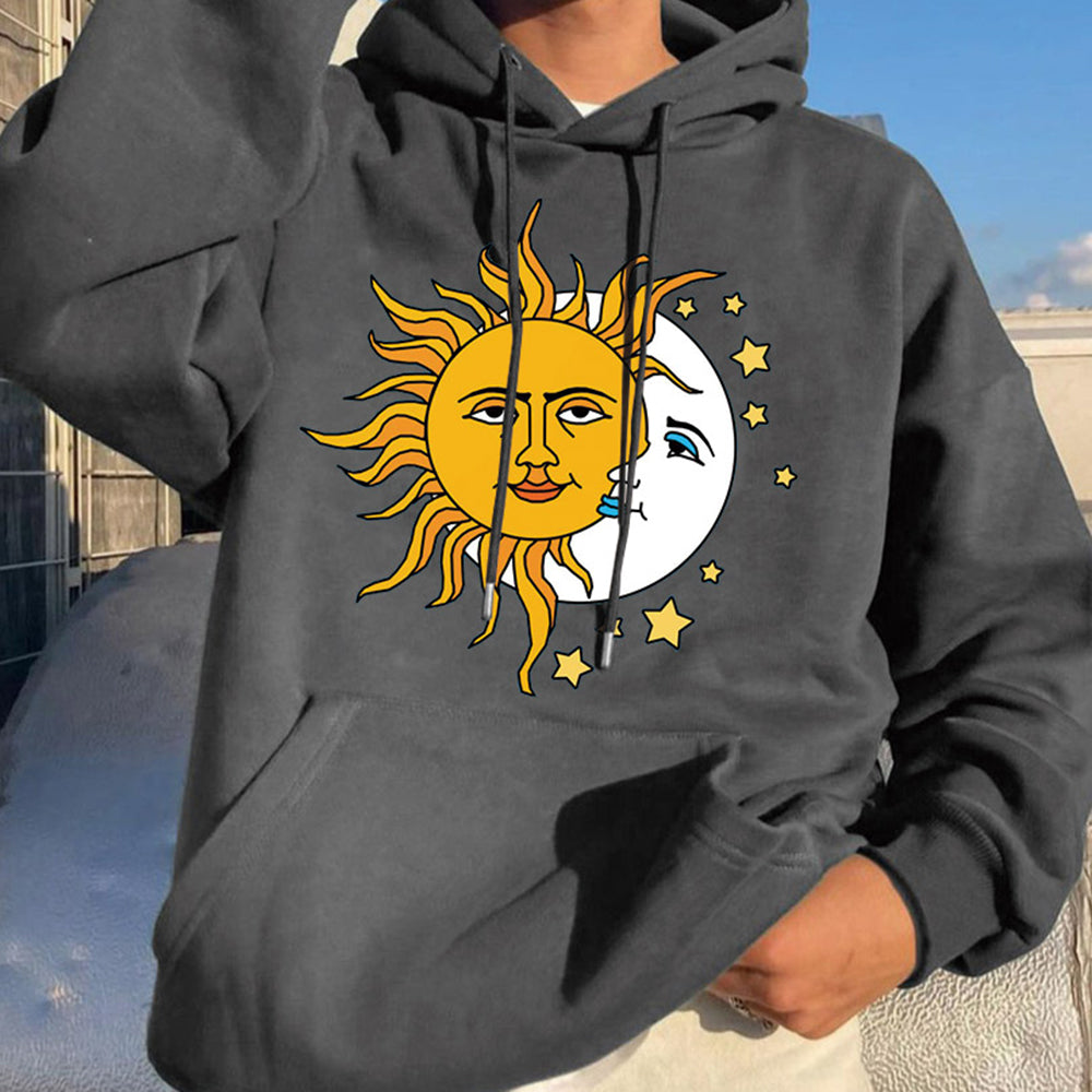 Sun Moon Graphic Print Loose Casual Men's Sweatshirt