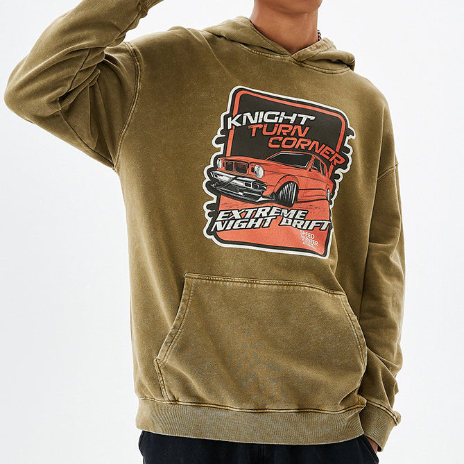 Heavyweight Stonewashed Distressed Hoodie with Car Print