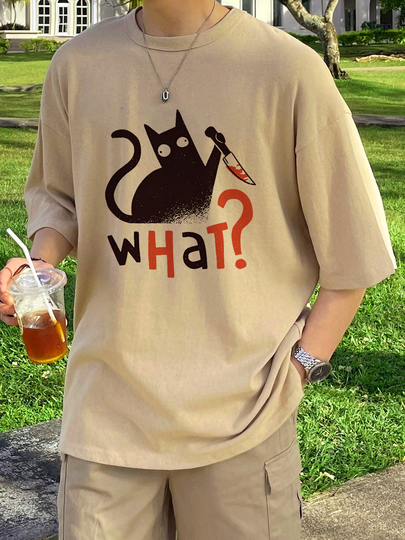 Black Cat and Knife Print Men's Cotton T-shirt