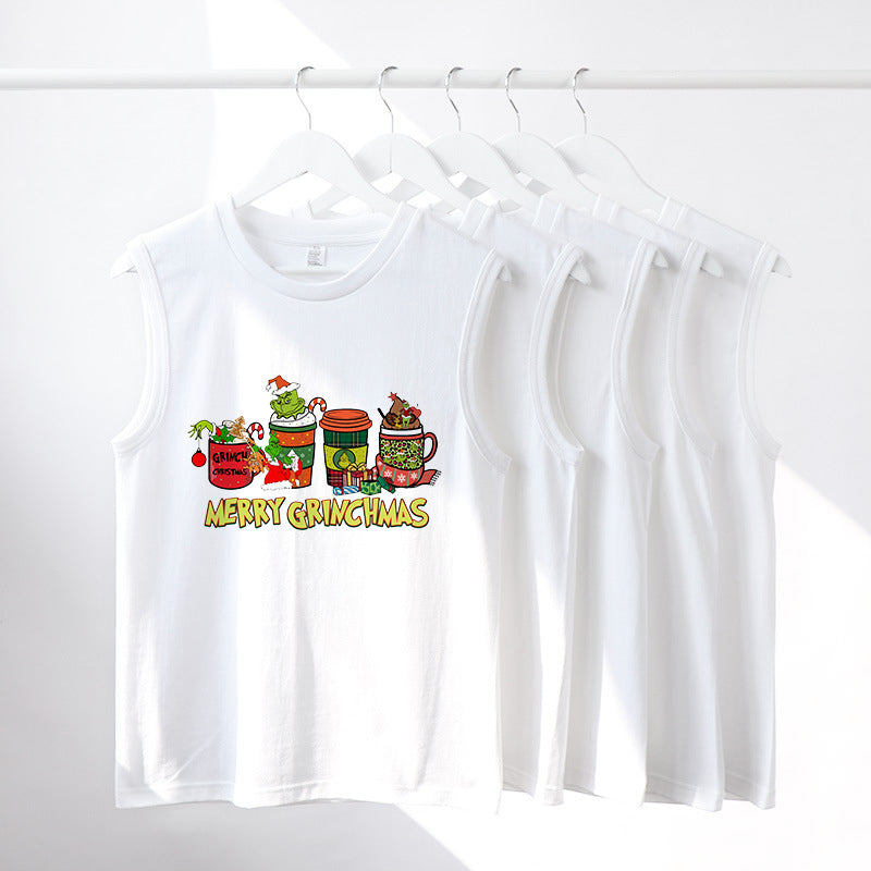 Men's Merry Grinchmas Coffee Print Cotton Tank Top