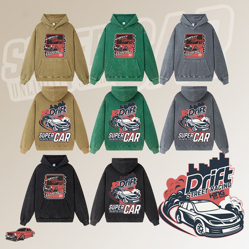 Heavyweight Stonewashed Distressed Hoodie with Car Print