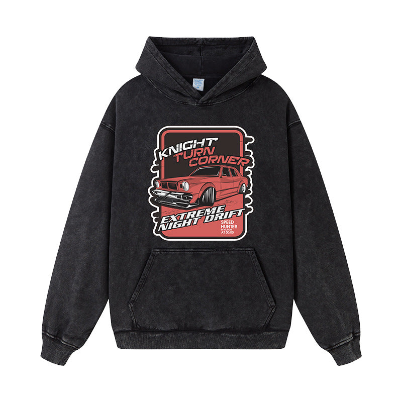 Heavyweight Stonewashed Distressed Hoodie with Car Print