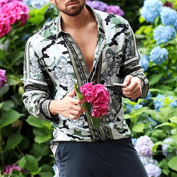 Men's Lapel Print Loose Casual Long Sleeve Shirt