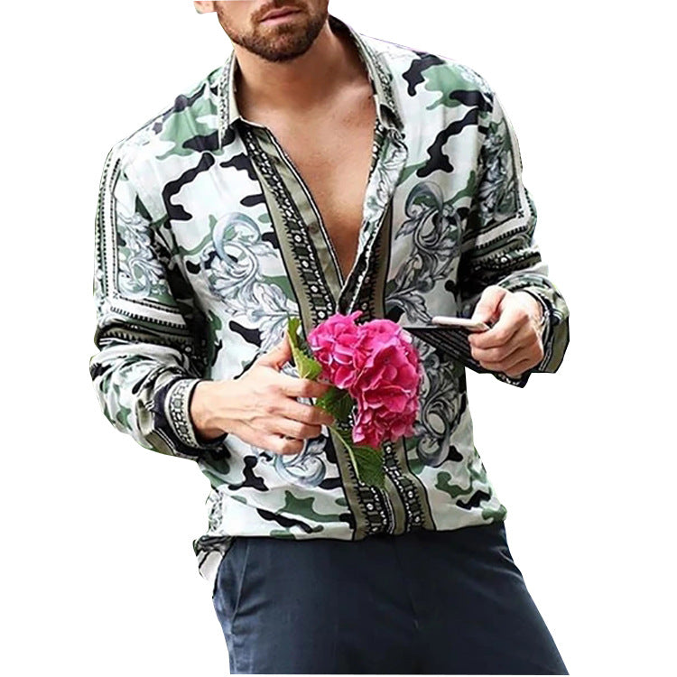 Men's Lapel Print Loose Casual Long Sleeve Shirt