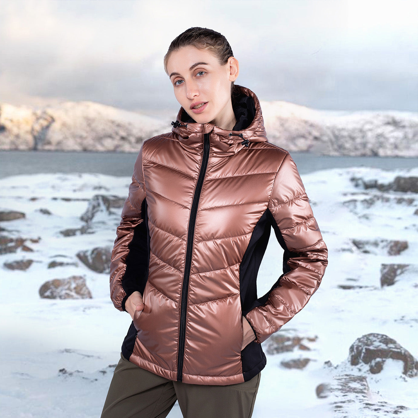 Freetrack Women Winter Light Coats Insulated Double Zipper Hooded Puffer Jacket