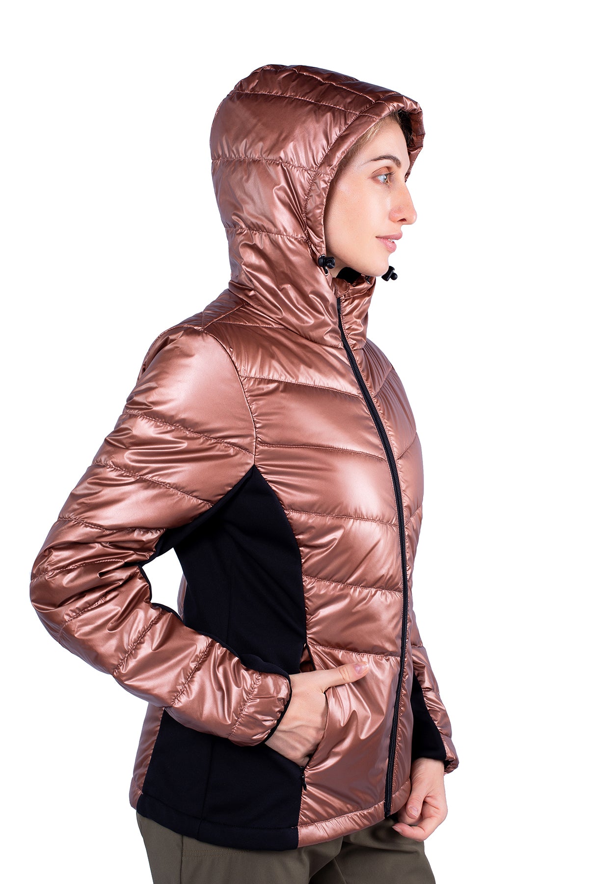 Freetrack Women Winter Light Coats Insulated Double Zipper Hooded Puffer Jacket
