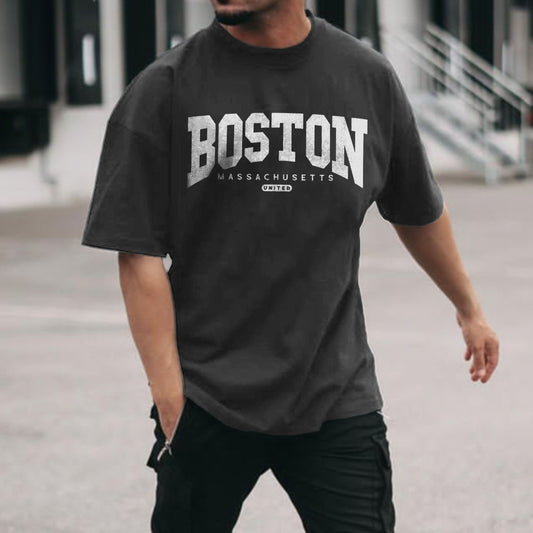 Boston Alphabet Graphic Print Loose Casual Men's T-Shirt