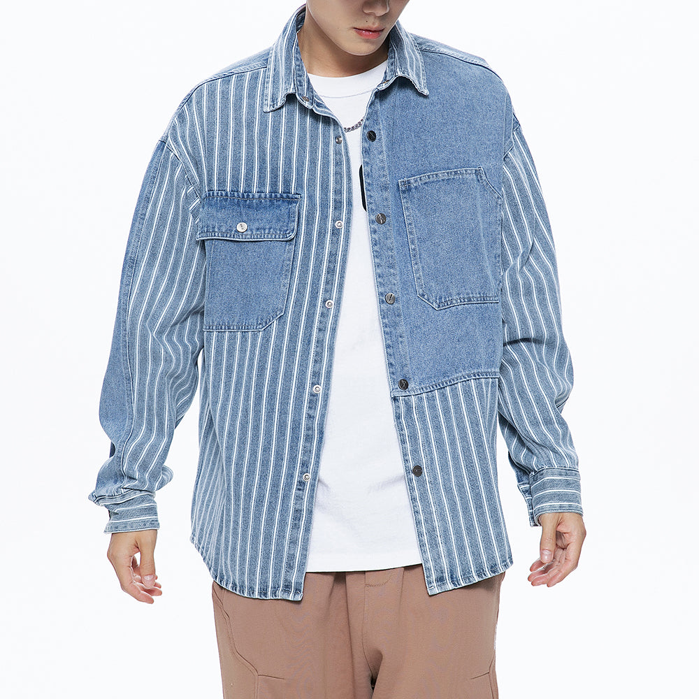 Men's Stitching Striped Button Up Denim Shirts with Pocket