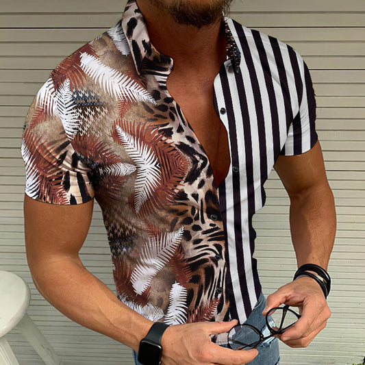 Striped Leopard Contrast Panel Print Casual Short Sleeve Shirt