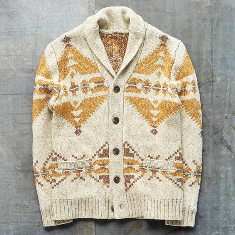 Clearance-Men's Jacquard Lapel Button Up Knitwear Cardigan Jacket