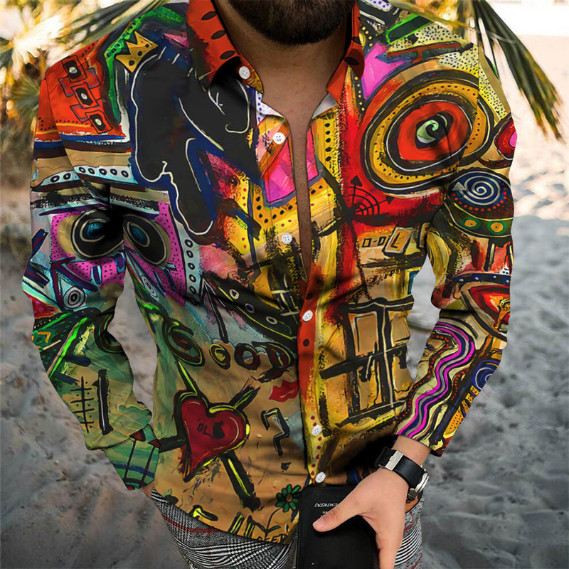 Personality Trend Multicolor Digital Printing Casual Beach Vacation Long Sleeve Shirt