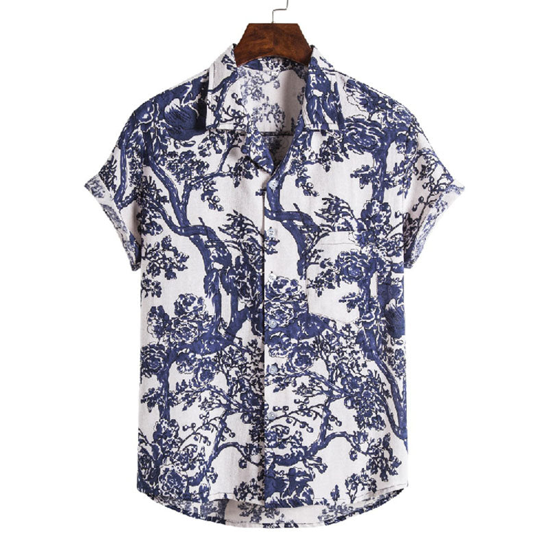 Cotton And Linen Printed Pocket Button-down Shirt