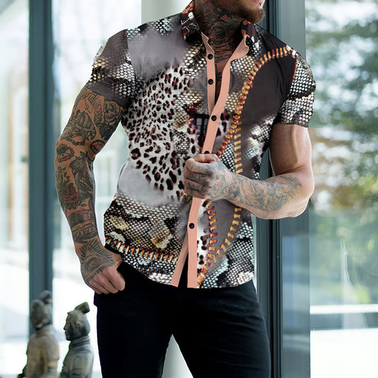 Leopard Contrast Panel Print Casual Short Sleeve Shirt