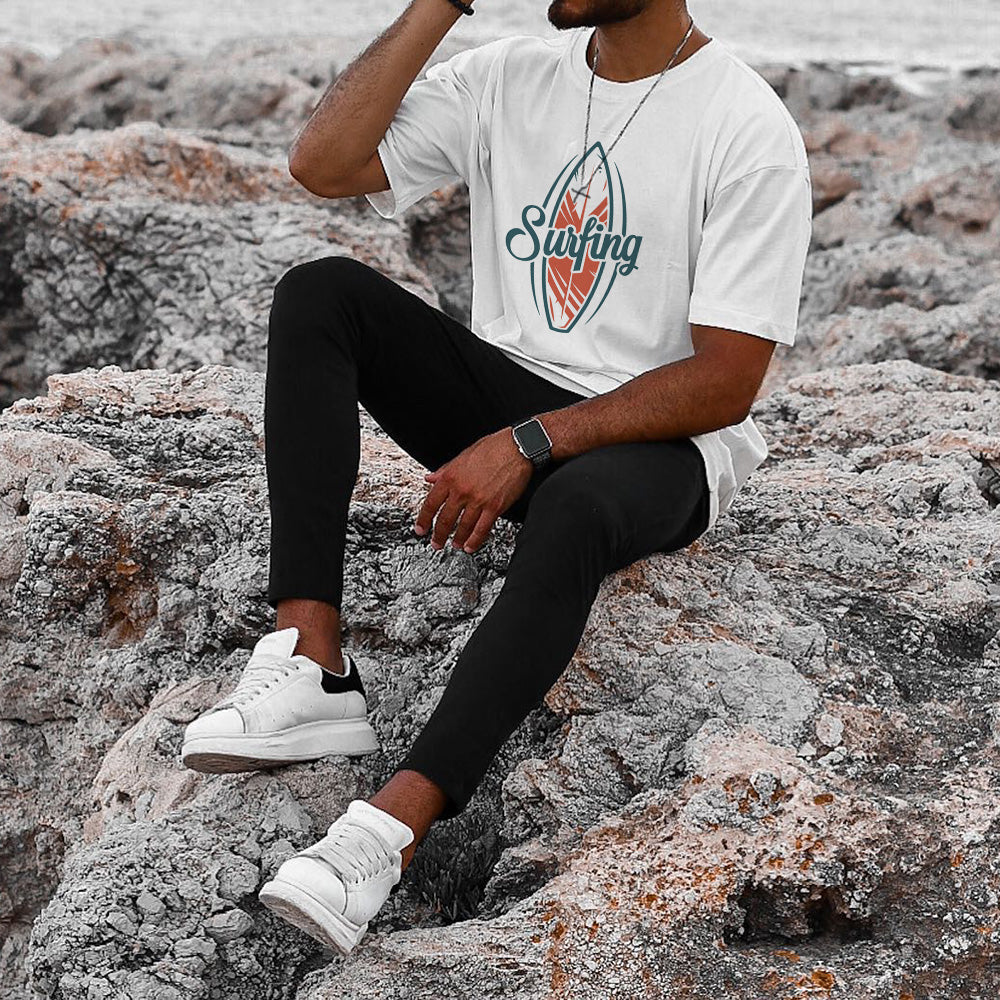Surfboard Alphabet Graphic Print Crew Neck Men's T-Shirt