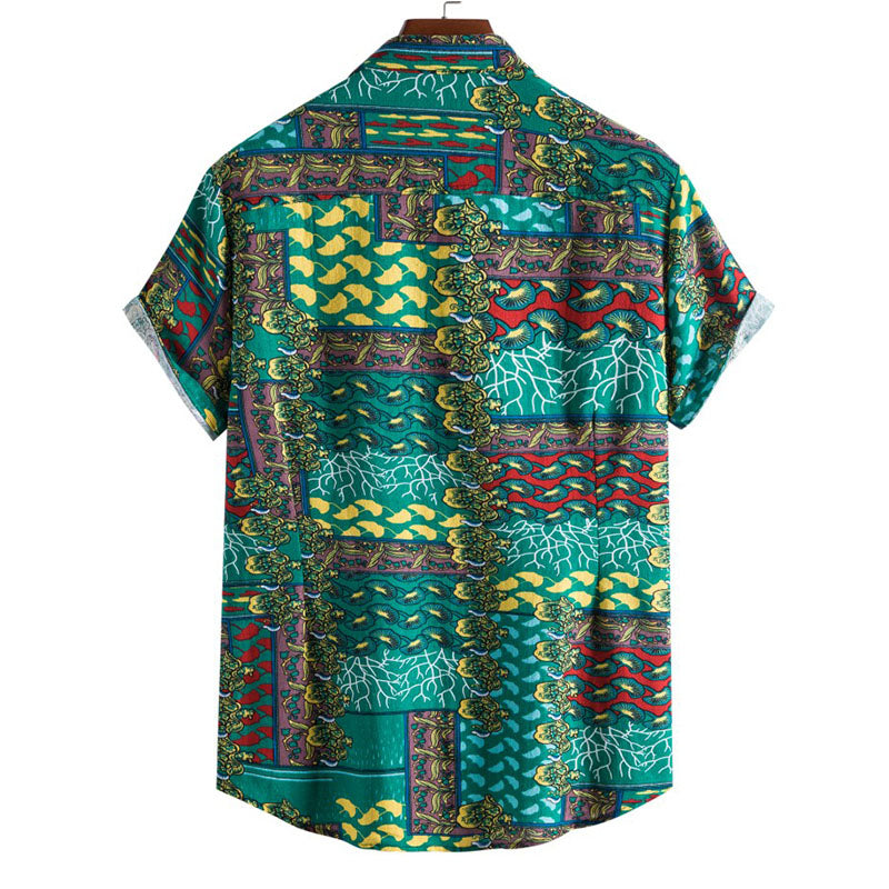 Cotton And Linen Printed Pocket Button-down Shirt
