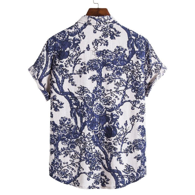 Cotton And Linen Printed Pocket Button-down Shirt