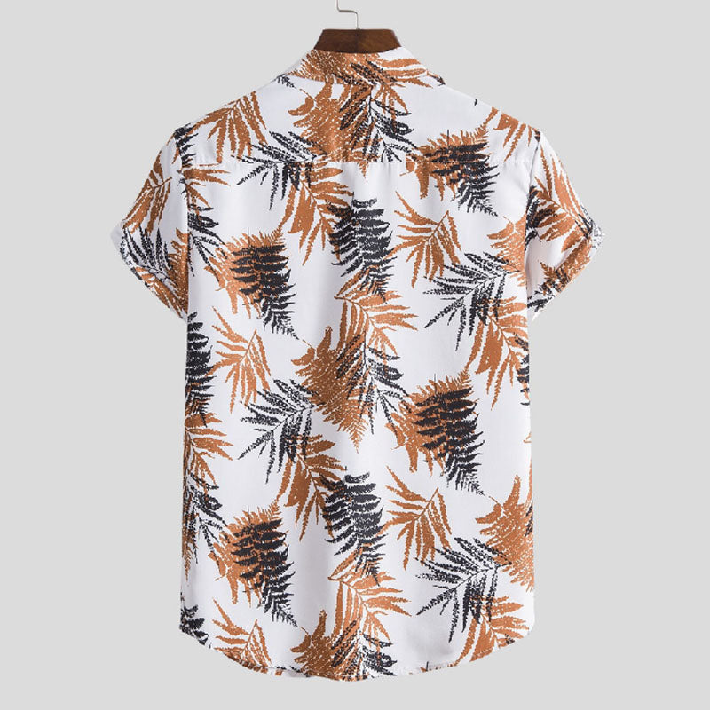 Cotton And Linen Printed Pocket Button-down Shirt