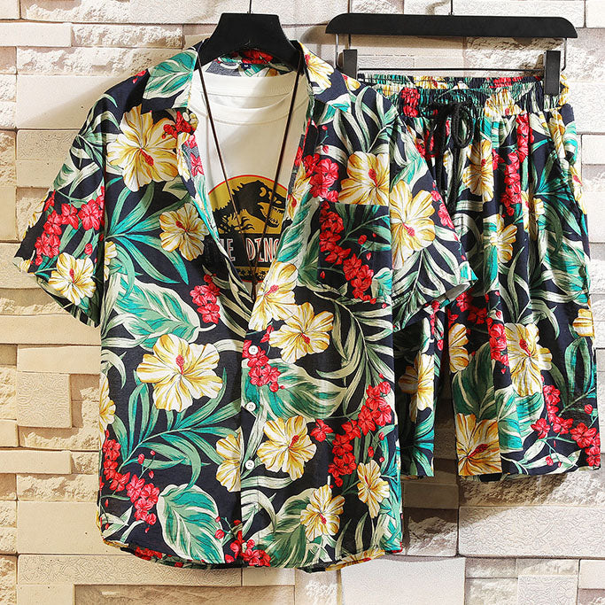 Fashion Casual Hawaiian Plant Print Resort Style Beach Suit