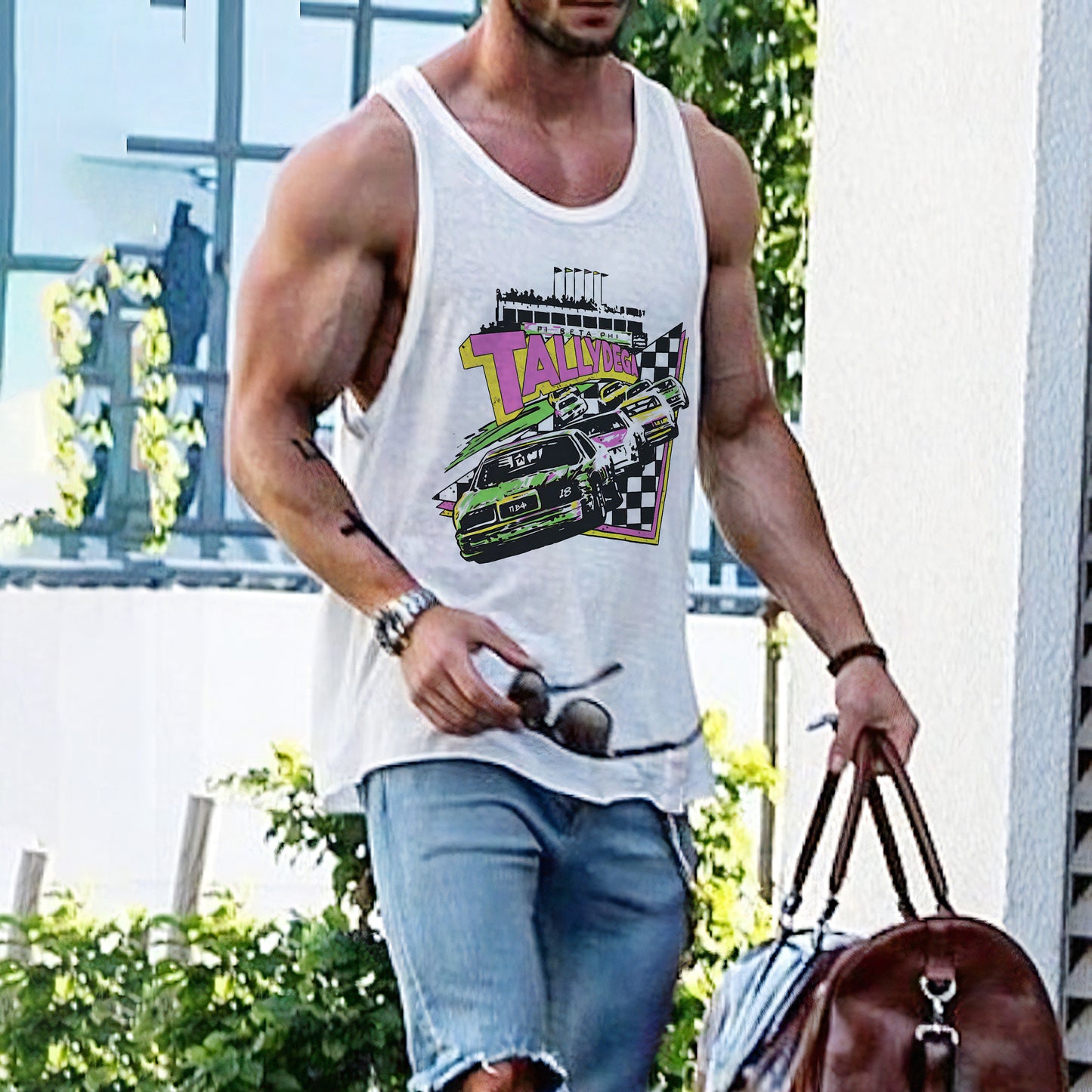 Racing Checkerboard Graphic Print Men's Tank Top