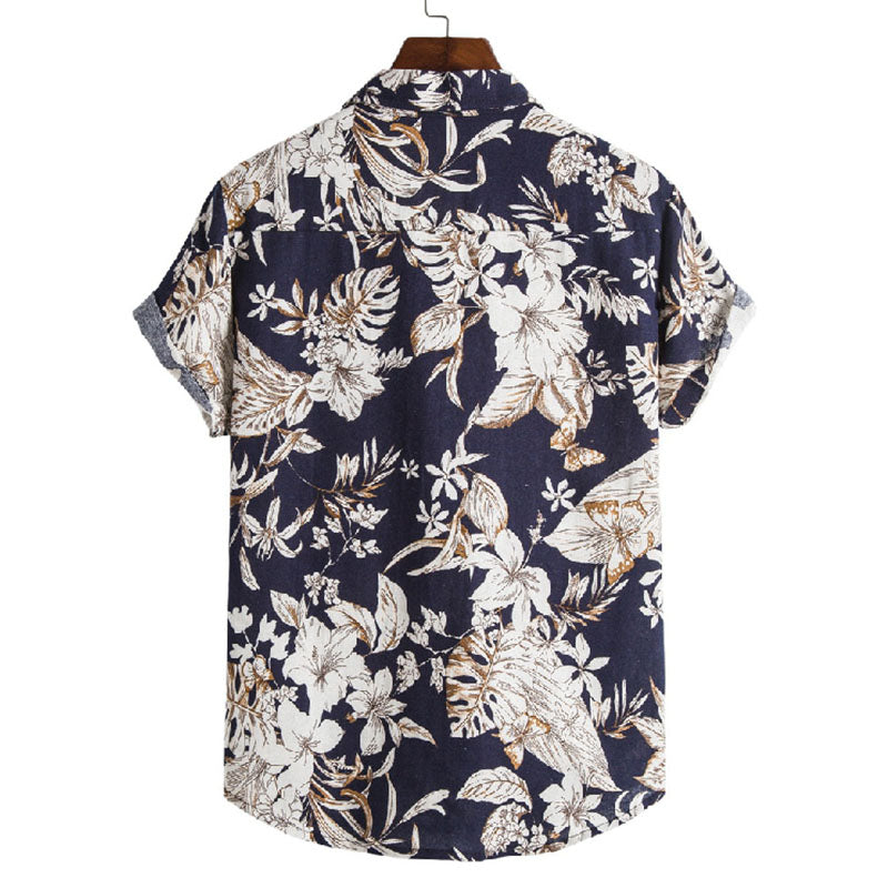 Cotton And Linen Printed Pocket Button-down Shirt