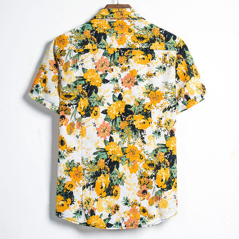 Cotton And Linen Printed Pocket Button-down Shirt