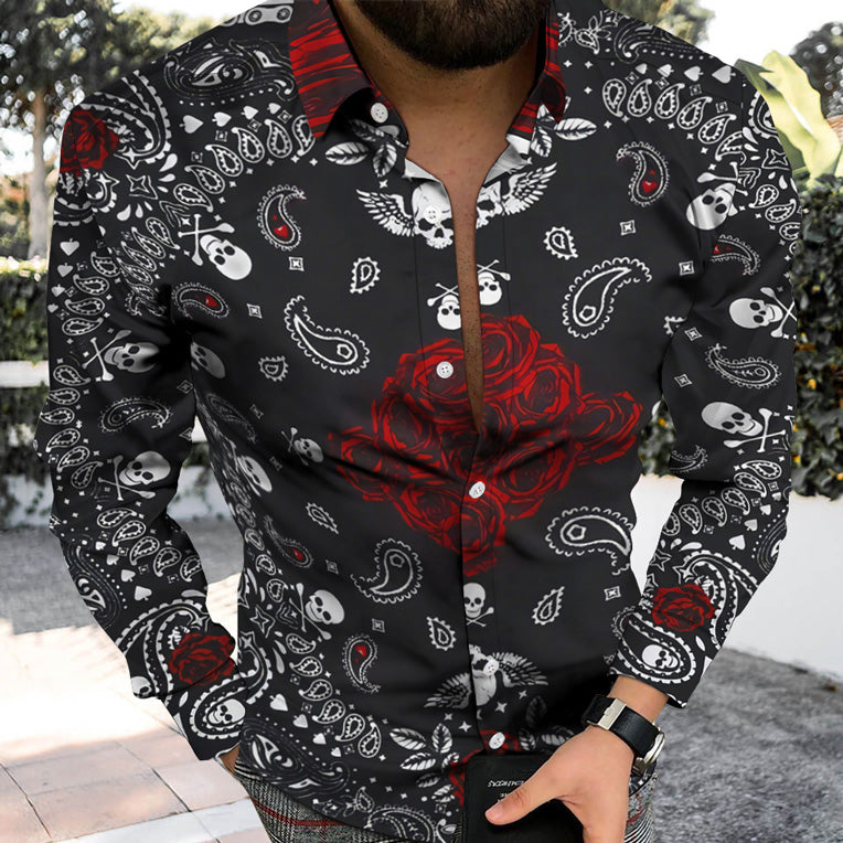 Personality Trend Skull Print Casual Beach Vacation Long Sleeve Shirt