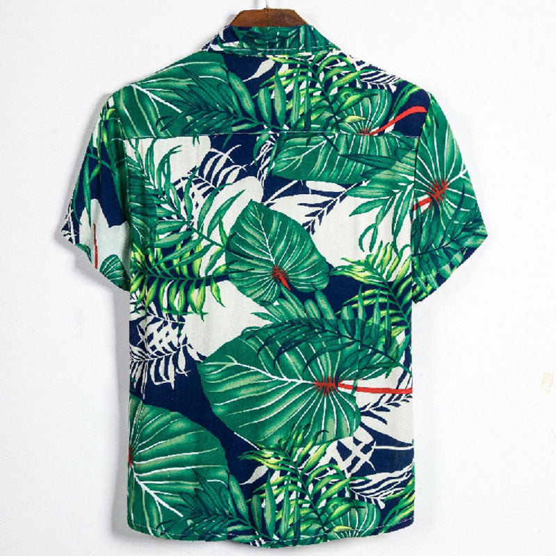 Cotton And Linen Printed Pocket Button-down Shirt