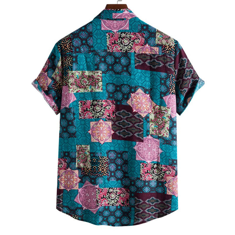 Cotton And Linen Printed Pocket Button-down Shirt