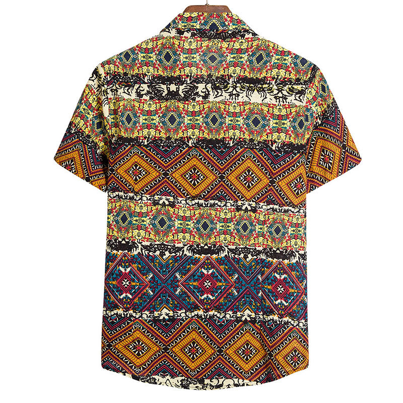 Cotton And Linen Printed Pocket Button-down Shirt