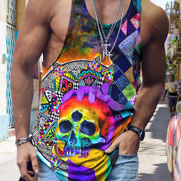 Street Trend Colorful Skull Print Casual Tank Top
