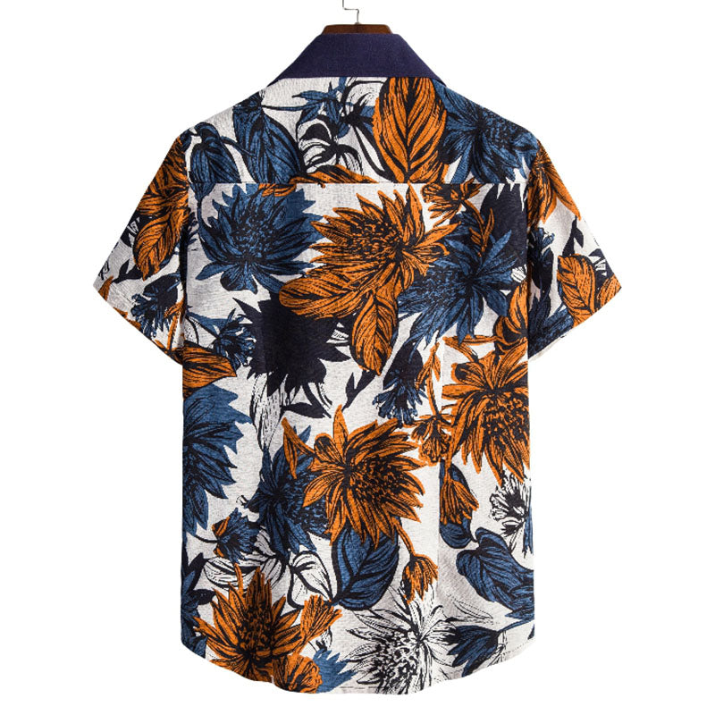 Cotton And Linen Printed Pocket Button-down Shirt