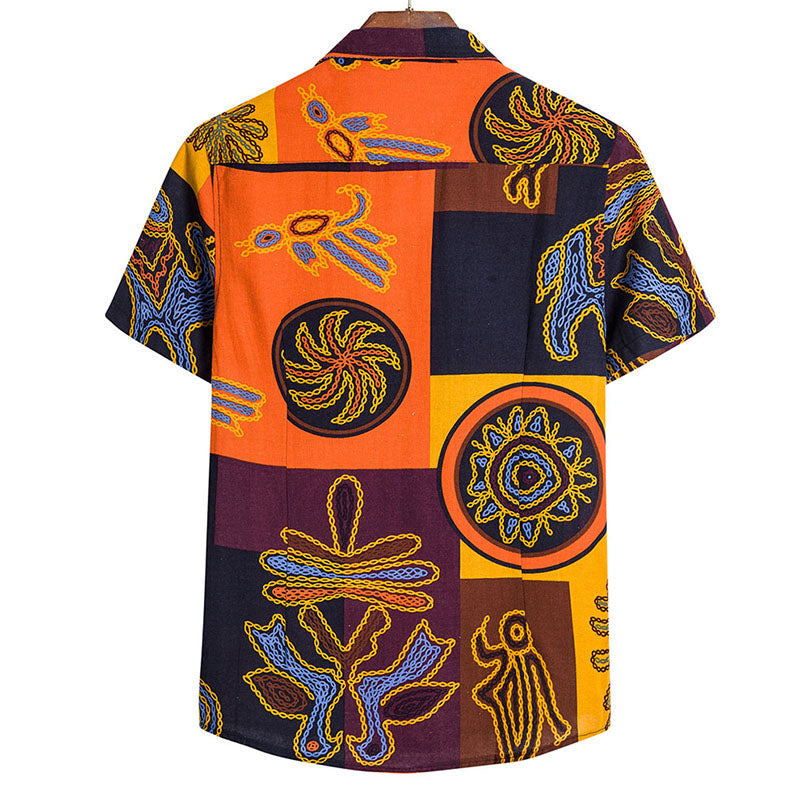 Cotton And Linen Printed Pocket Button-down Shirt