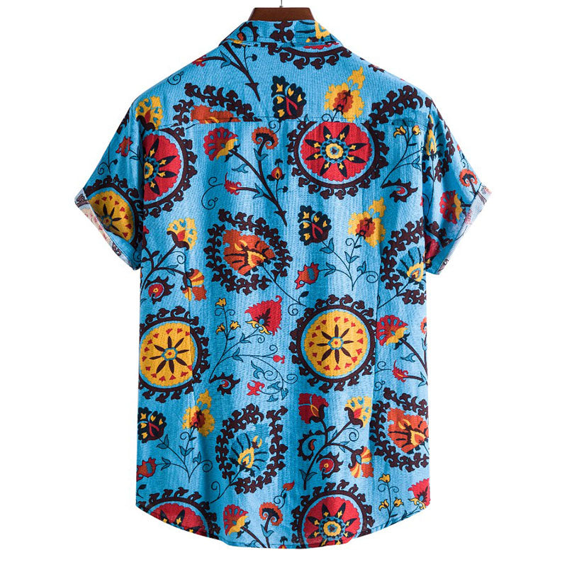 Cotton And Linen Printed Pocket Button-down Shirt