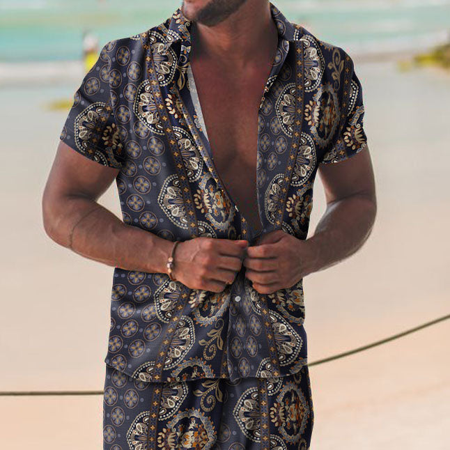 Personality Trend Vintage Print Hawaii Vacation Two-Piece Set