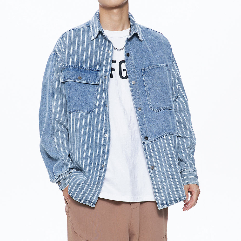 Men's Stitching Striped Button Up Denim Shirts with Pocket
