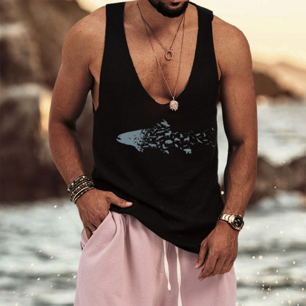 Fish Graphic Print Loose Casual Men's Tank Top