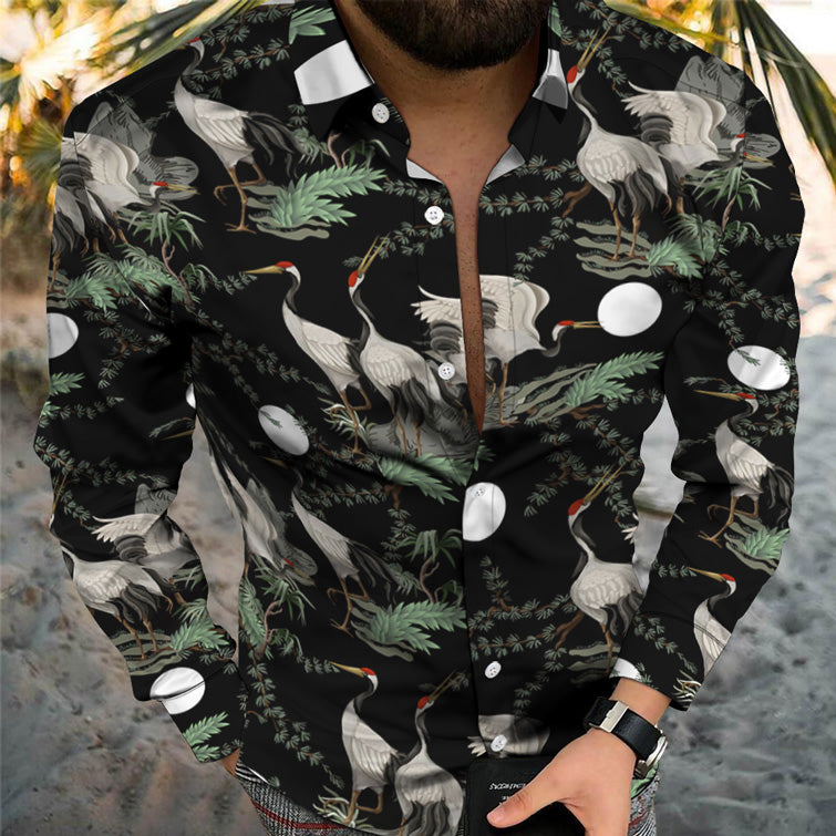 Beach Personality Trend Bird Pattern Casual Holiday Long Sleeve Shirt