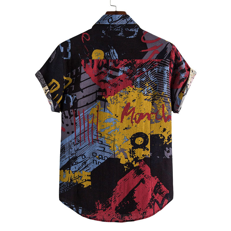 Cotton And Linen Printed Pocket Button-down Shirt