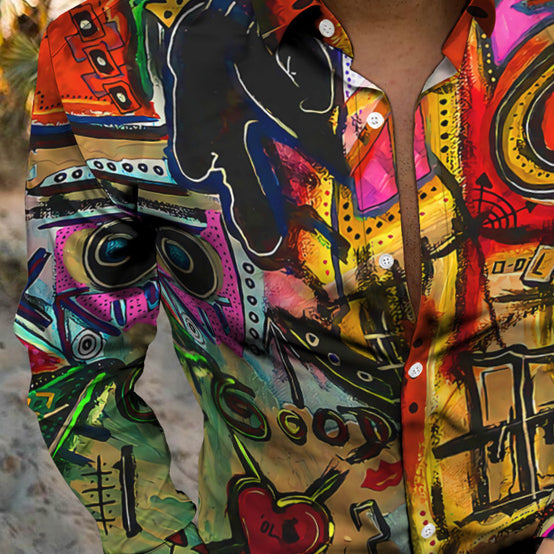 Personality Trend Multicolor Digital Printing Casual Beach Vacation Long Sleeve Shirt