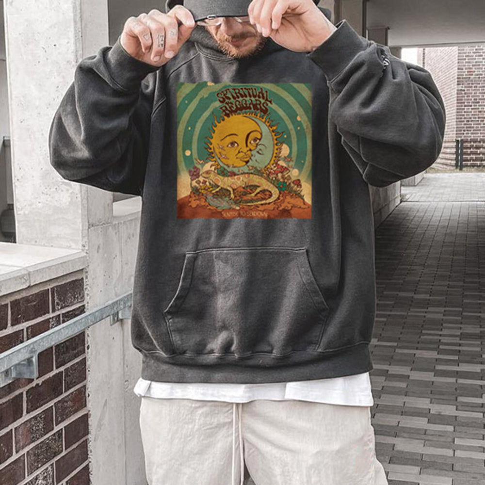 Sun & Moon Cartoon Graphic Print Men's Black Oversize Fleece Hoodie