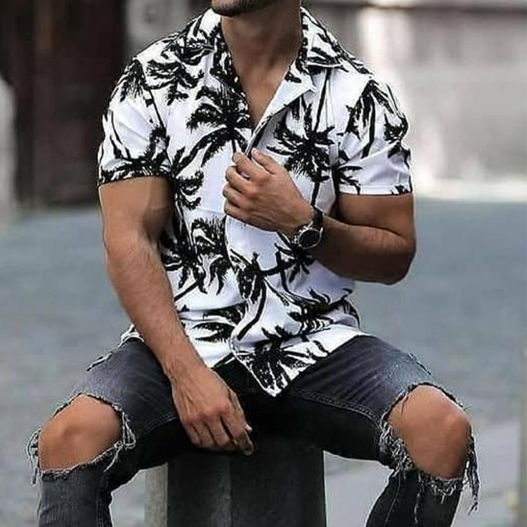 Men's Lapel Loose Coconut Short Sleeve Print Casual Short Sleeve Shirt