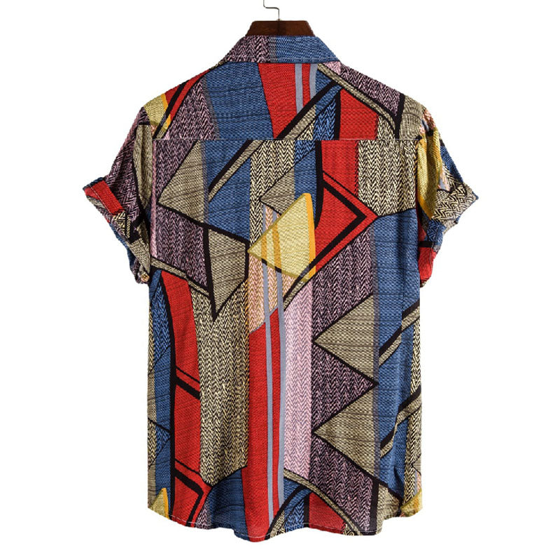 Cotton And Linen Printed Pocket Button-down Shirt
