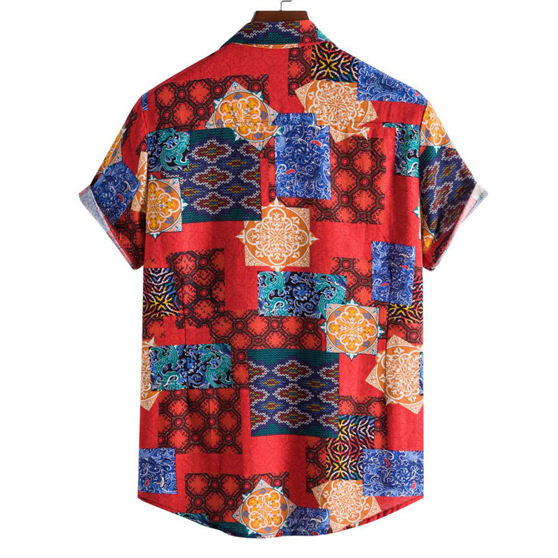 Cotton And Linen Printed Pocket Button-down Shirt
