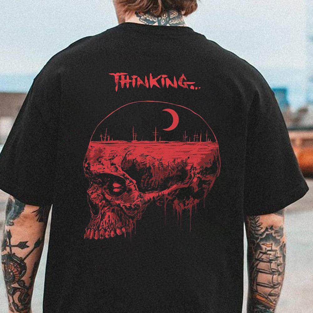 Thinking Skull Graphic Print Casual Loose Men's T-Shirt
