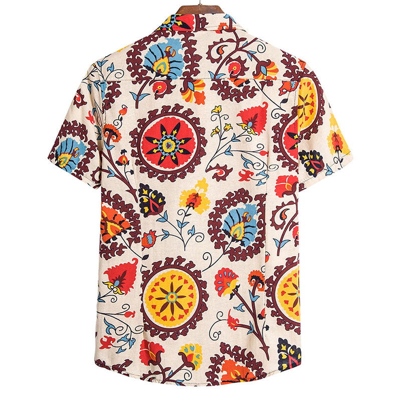 Cotton And Linen Printed Pocket Button-down Shirt